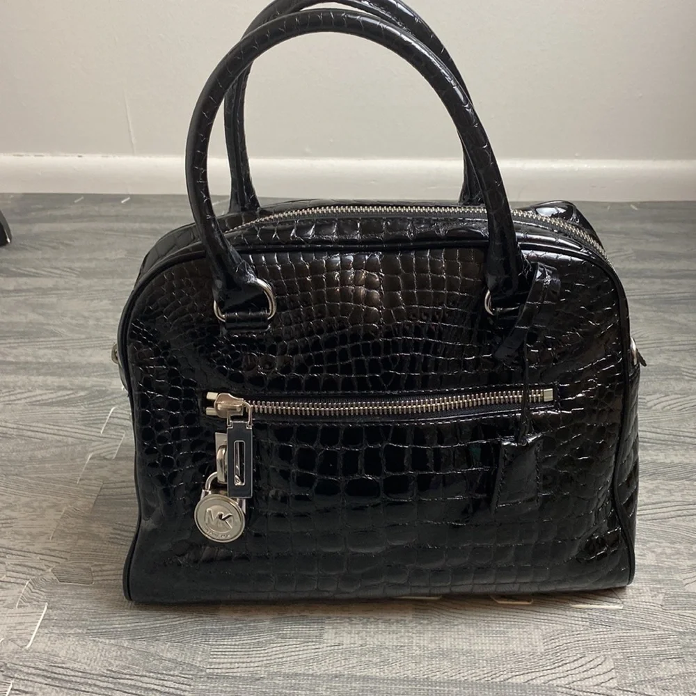 Michael Kors “Knox” Black Crocodile Embossed Leather Satchel